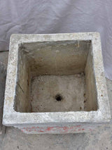 Pair of square concrete planters with white, grey and red patina 21¼"