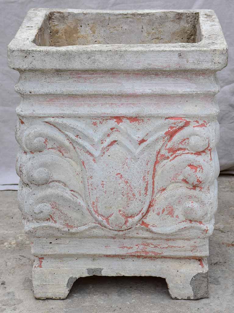 Pair of square concrete planters with white, grey and red patina 21¼"