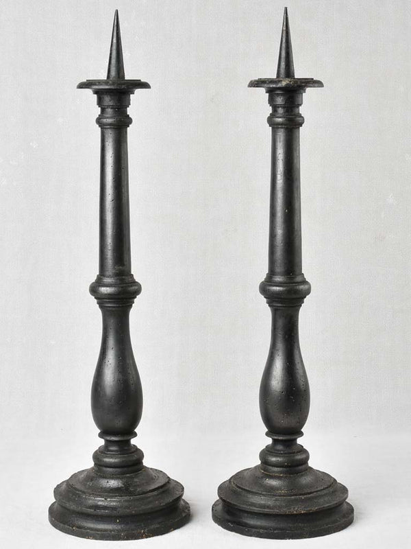Antique wooden picket candlesticks with black finish