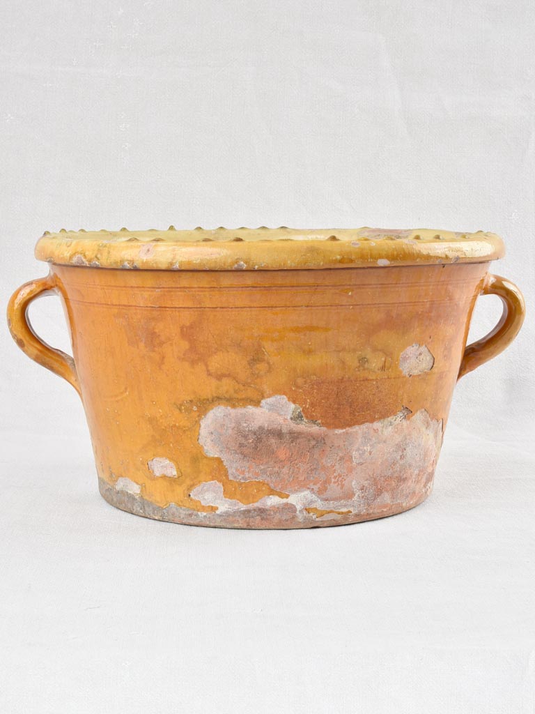 Large antique French cooking pot with yellow glaze 17"