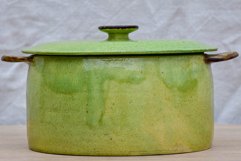 Antique French soup tureen from Dieulefit - green with burnt handles
