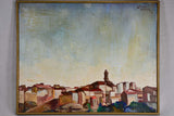 Oil on canvas painting of village rooftops - Albert Paires 1973 29½" x 37½"