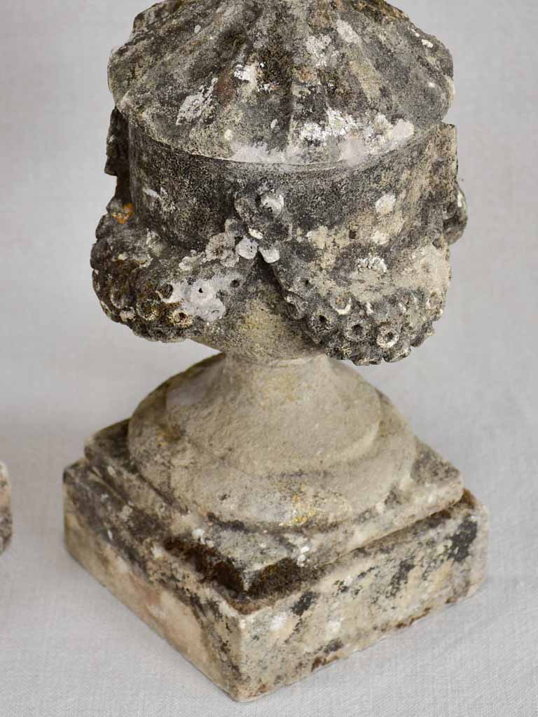 Pair of stone architectural ornaments from the 19th century - pot a feu 17"