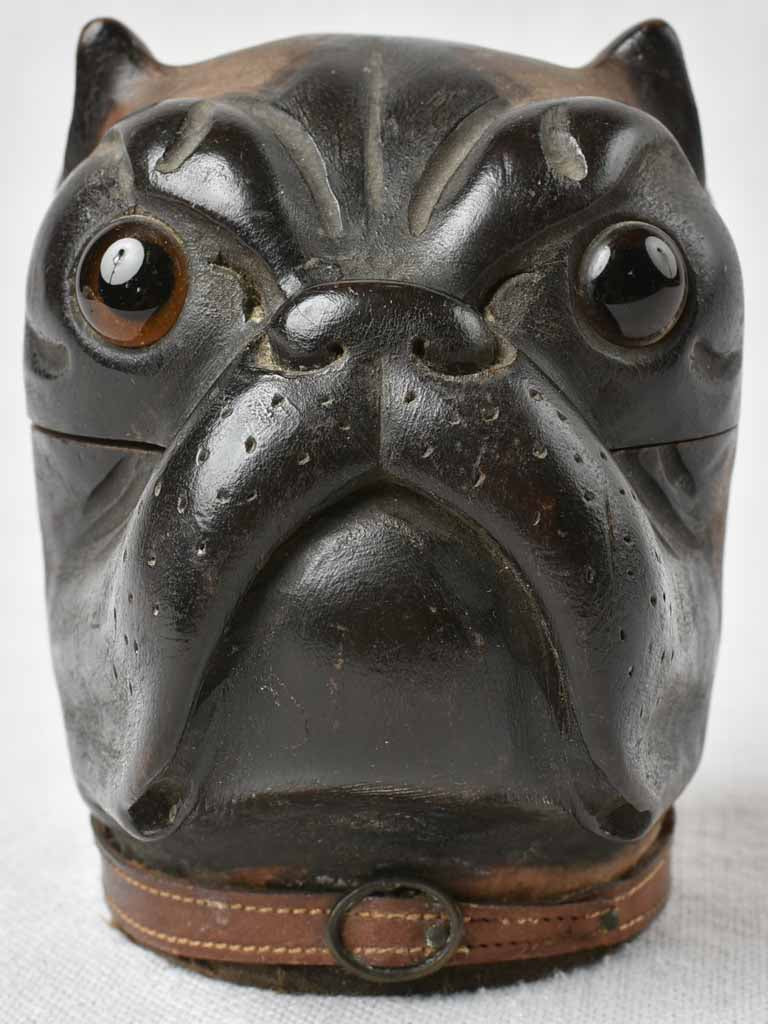 Antique carved wooden bulldog head inkwell