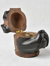 Antique wooden bulldog inkwell with collar