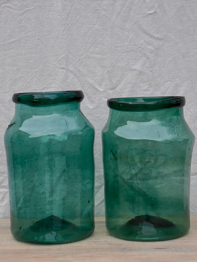 Pair of very large antique French preserving jars - blue green
