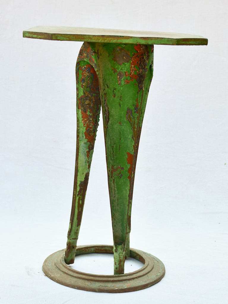 Square industrial bistro table from 1927 with green patina
