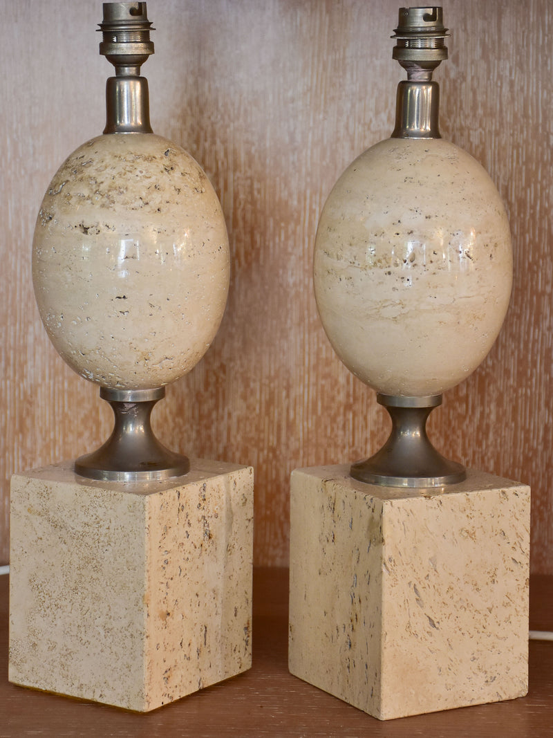 Pair of vintage Barbier travertine ostrich egg lamp bases