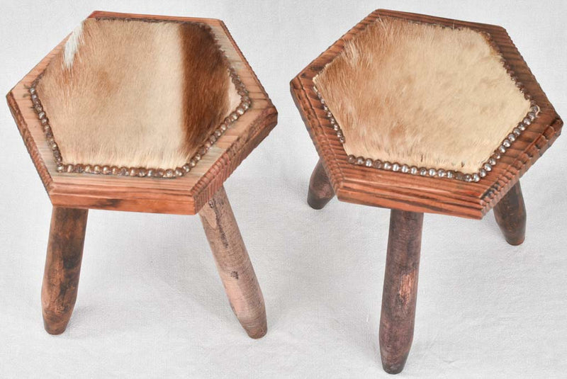 2 vintage wooden stools with fur upholstery 15"