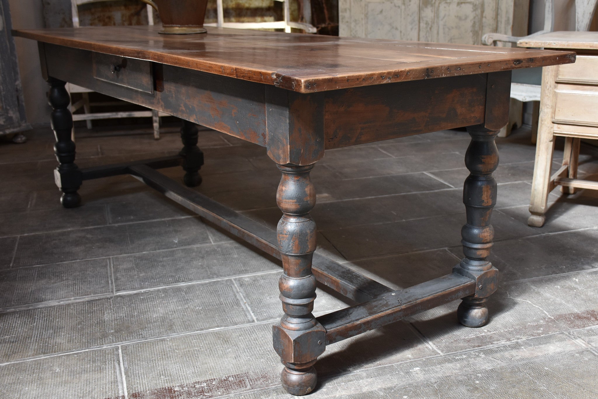 Antique French farm table with black legs