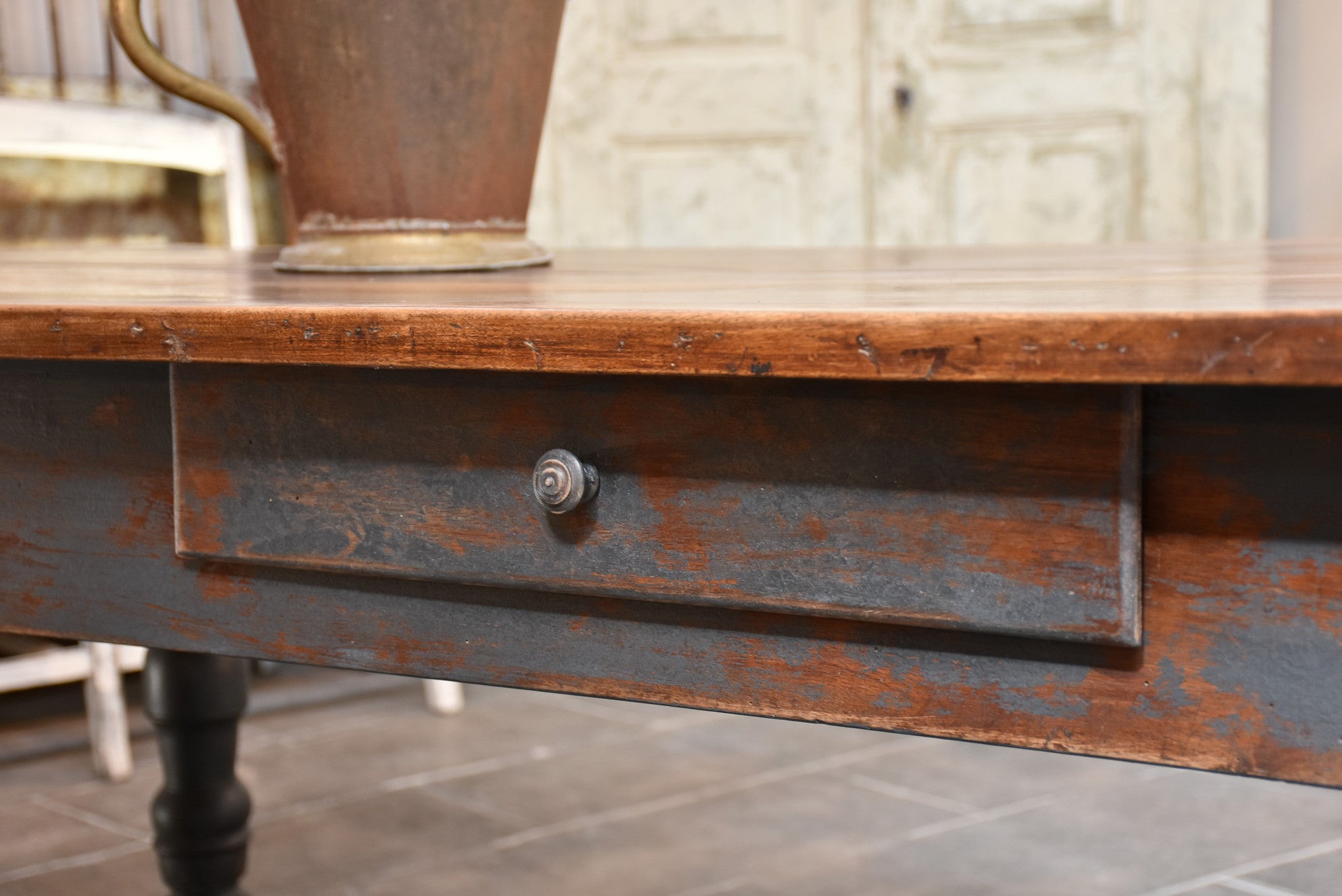 Antique French farm table with black legs