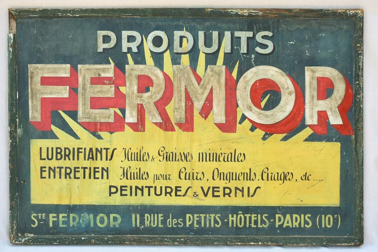 Large hand-painted wooden sign - 1930's - Produit Fermor 58¾" x 39¾"