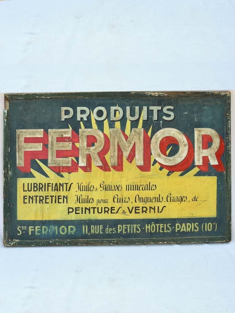 Large hand-painted wooden sign - 1930's - Produit Fermor 58¾" x 39¾"
