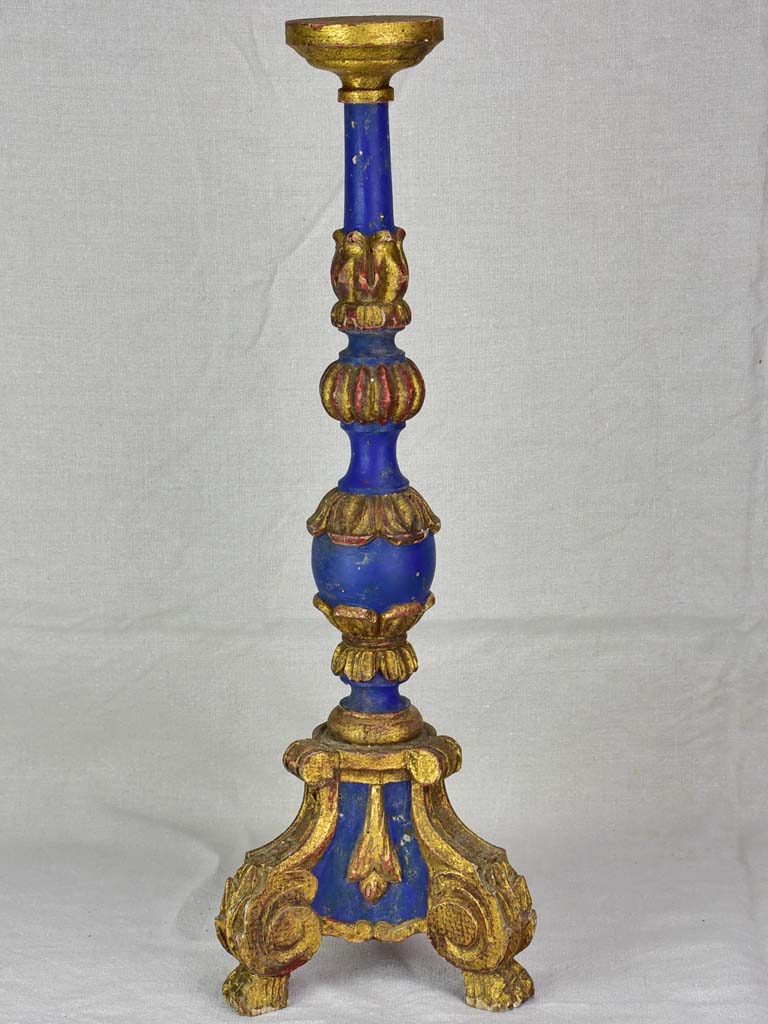 Rare large antique French candlestick - blue and gold 24"