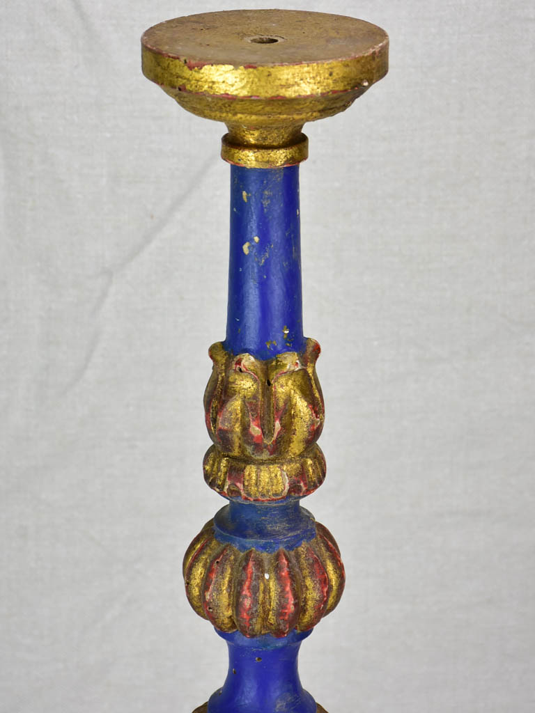 Rare large antique French candlestick - blue and gold 24"