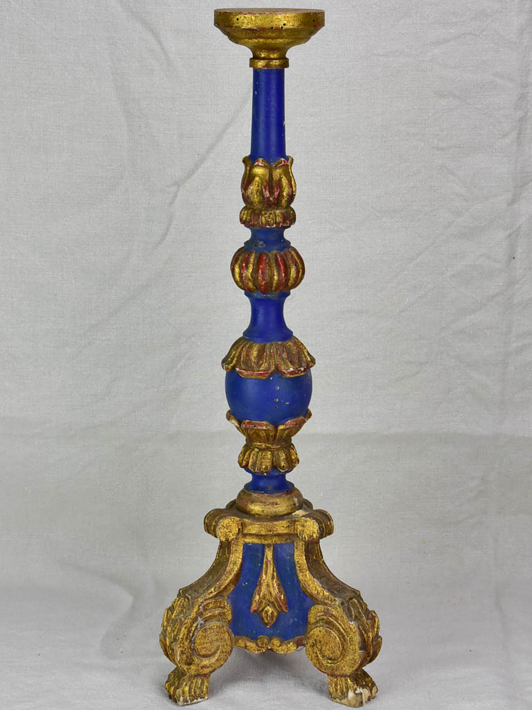 Rare large antique French candlestick - blue and gold 24"