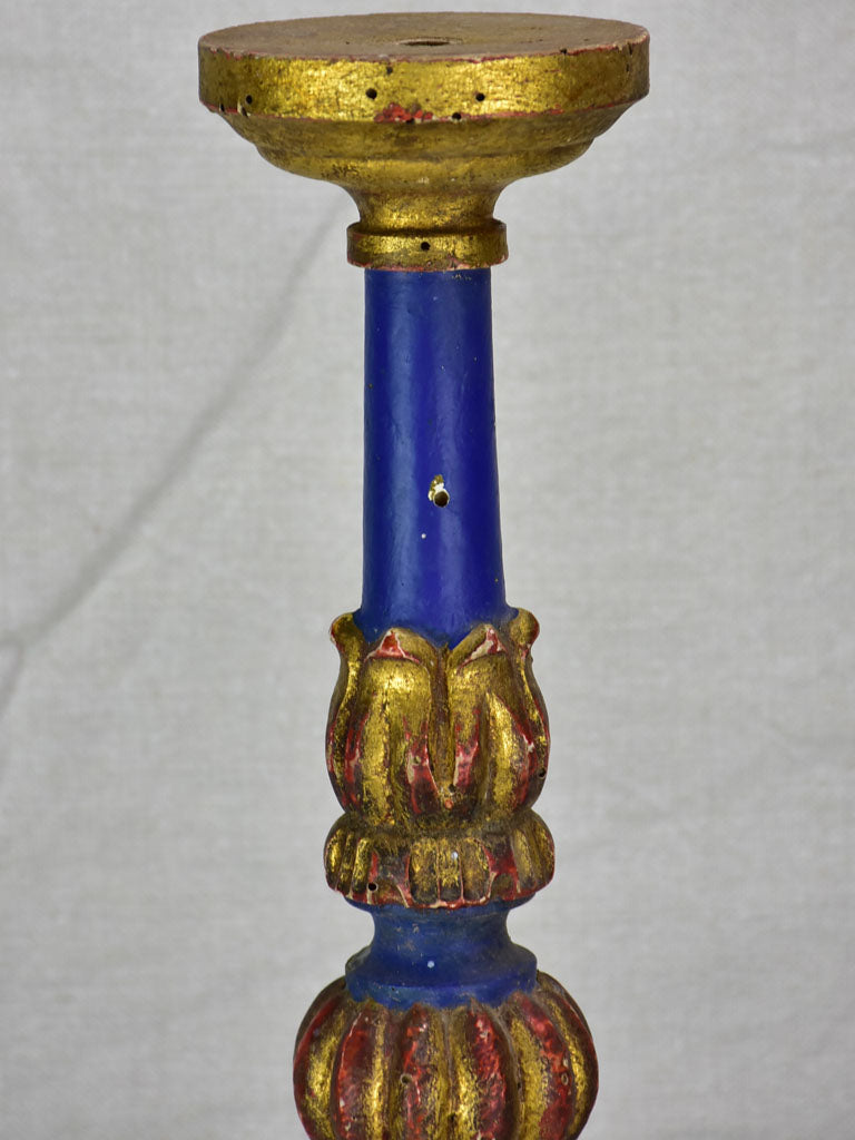 Rare large antique French candlestick - blue and gold 24"