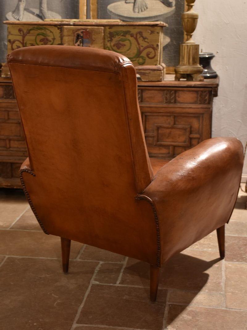 French leather club chair – 1960’s with tapered legs