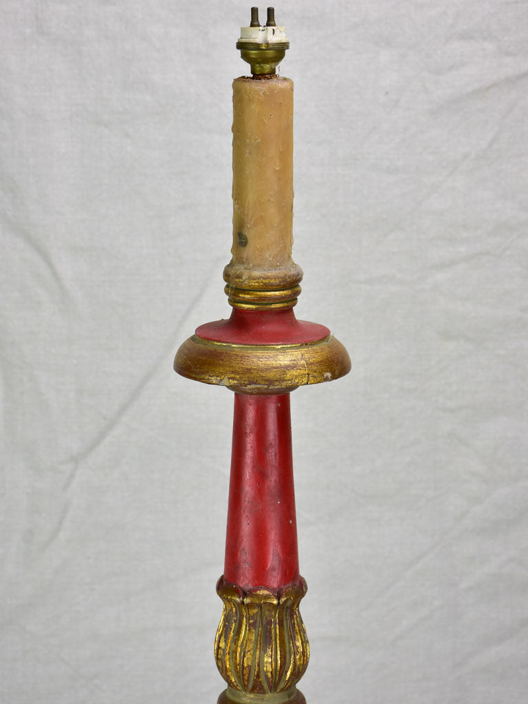 Large antique French candlestick lamp base with claw feet - red and gold 29½"