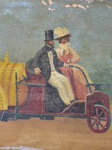 Antique French painting of a couple in a nineteenth-century car 9" x 13¾"