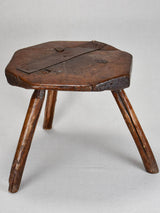 Primitive antique French milking stool with old repairs 13½"