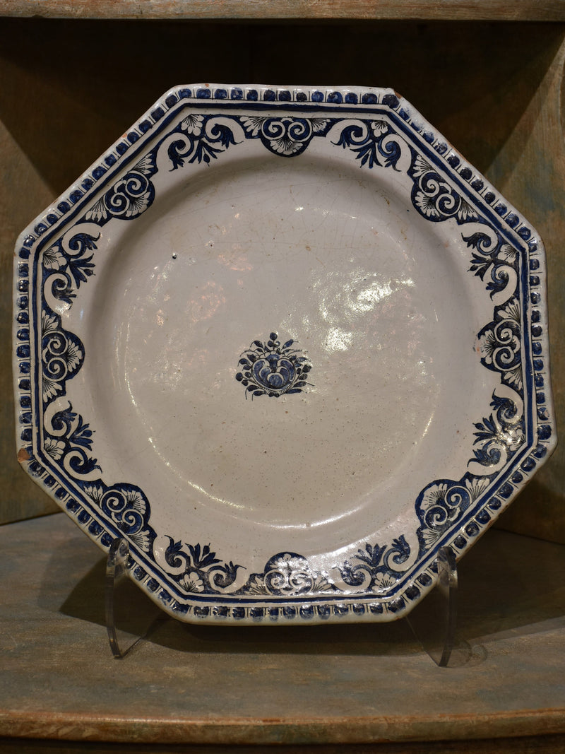 Blue and white early 19th century octagonal earthenware plate – Rouen Faience