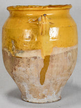 Large antique French confit pot with yellow glaze and a splash of green 10¼"