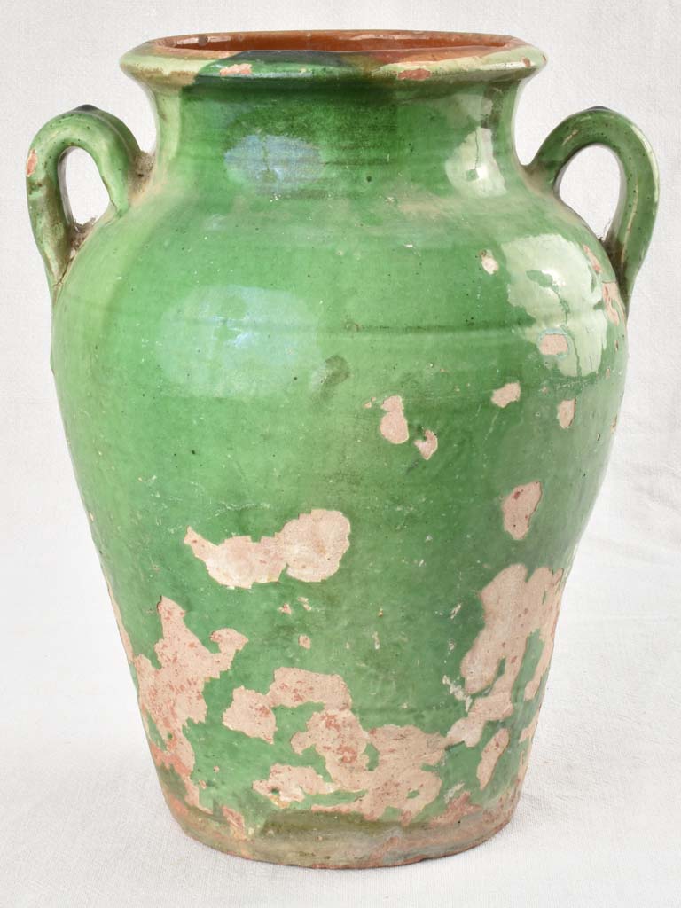 Large antique French oil jar with 2 handles & green glaze 10¼"