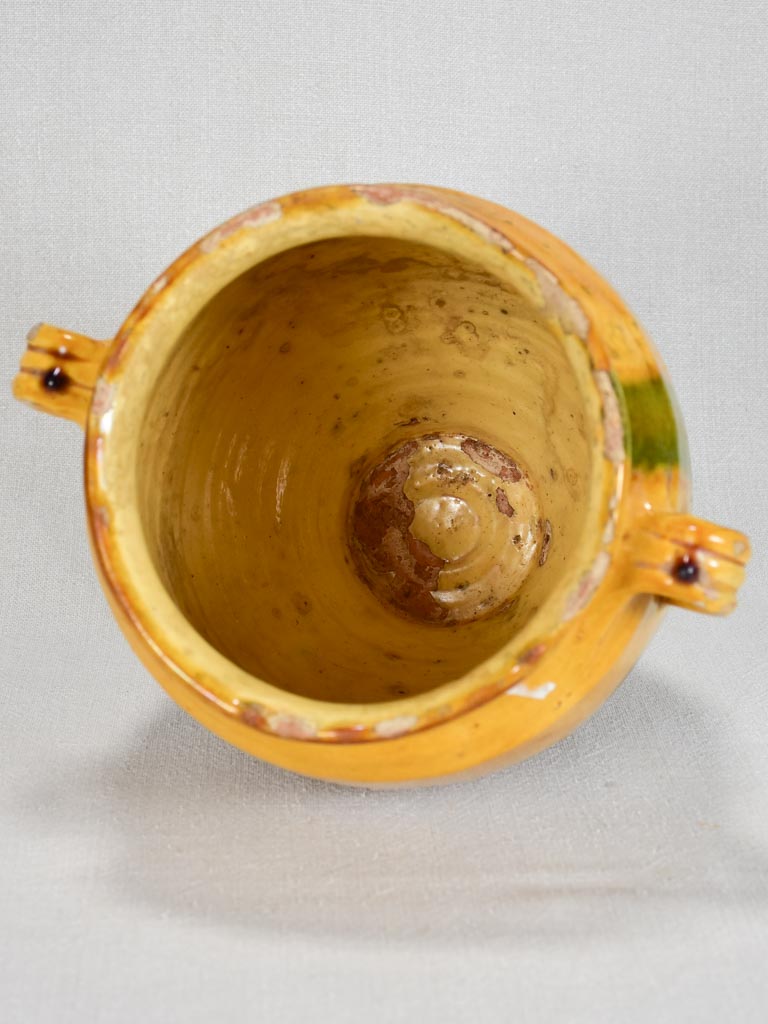 Large antique French confit pot with yellow glaze and a splash of green 10¼"