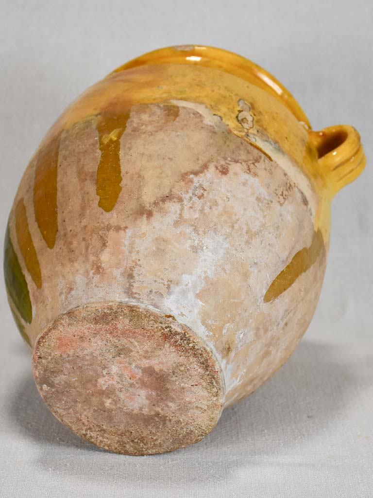 Large antique French confit pot with yellow glaze and a splash of green 10¼"