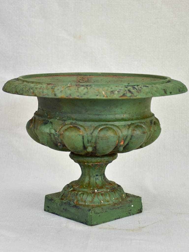 Small antique French cast iron Medici urn - green 11¾"