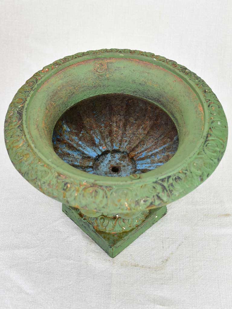 Small antique French cast iron Medici urn - green 11¾"