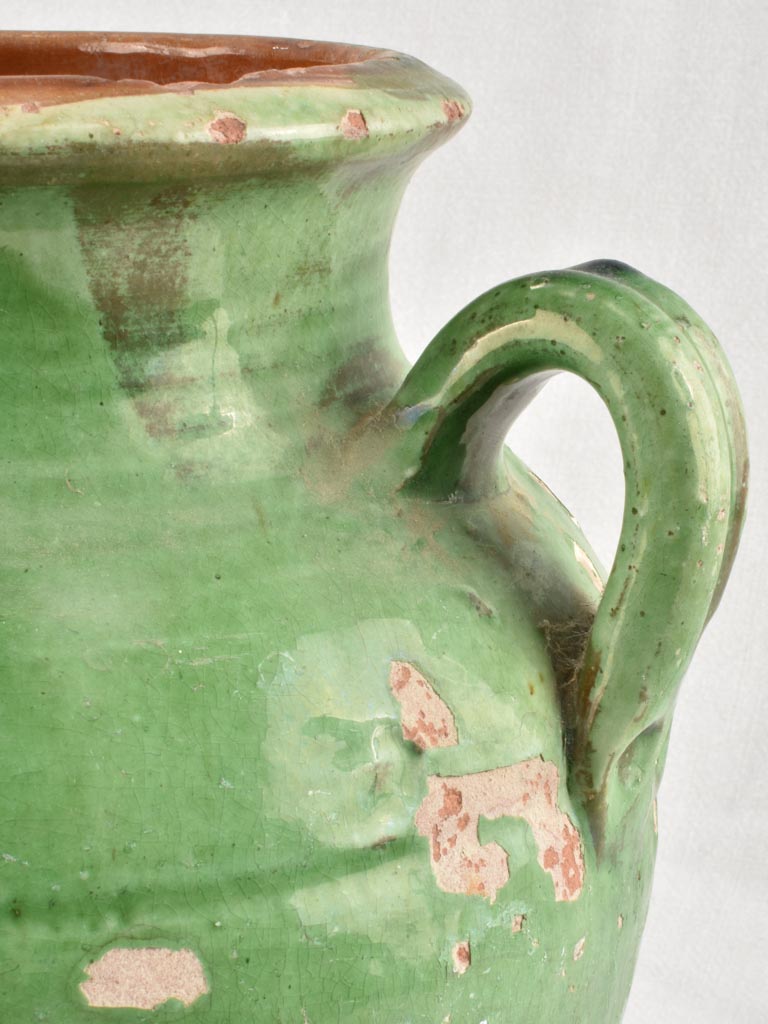 Large antique French oil jar with 2 handles & green glaze 10¼"