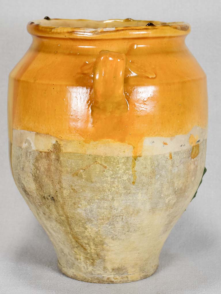 Large antique French confit pot with yellow-orange glaze 12¼"