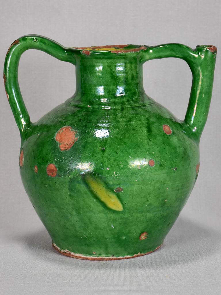 Antique French water cruche with green glaze 10¾"