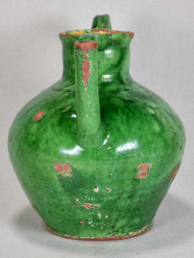 Antique French water cruche with green glaze 10¾"