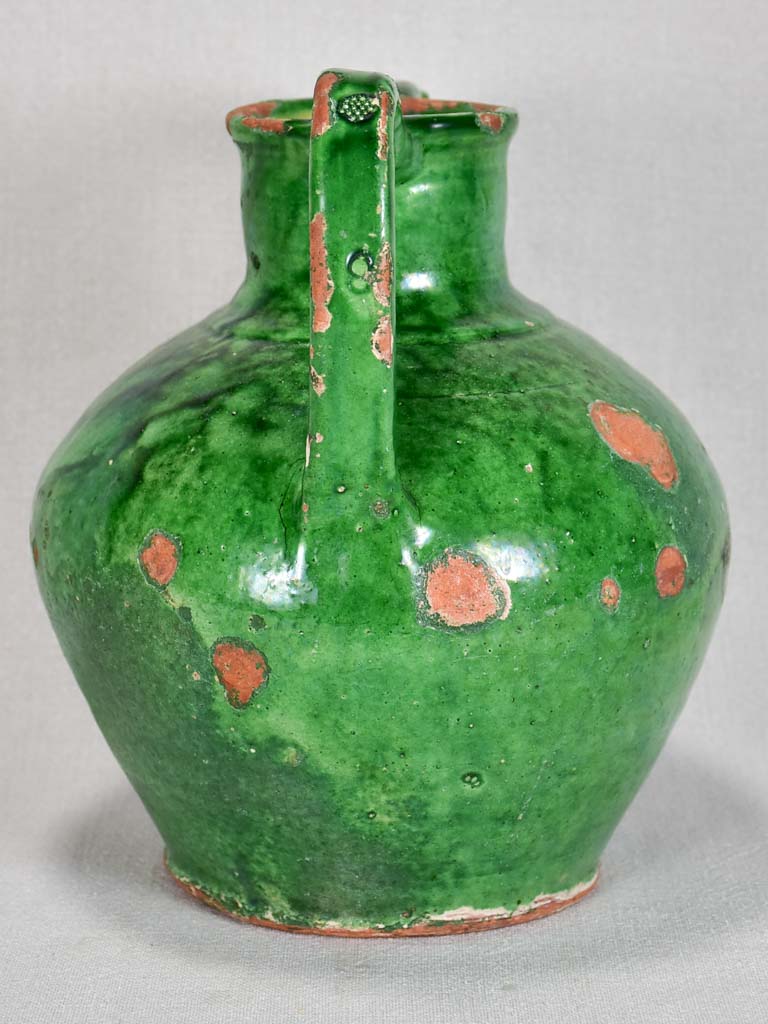 Antique French water cruche with green glaze 10¾"