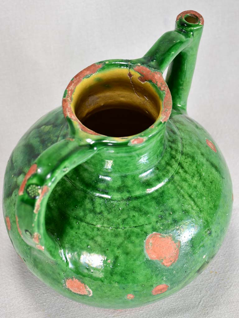 Antique French water cruche with green glaze 10¾"
