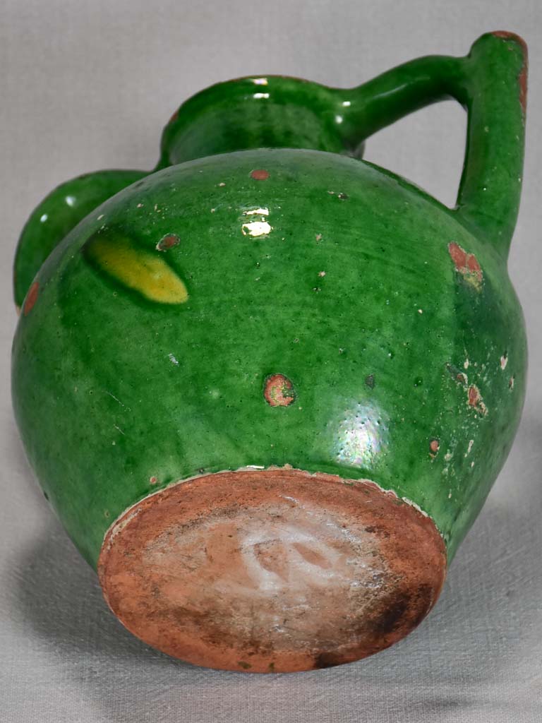 Antique French water cruche with green glaze 10¾"