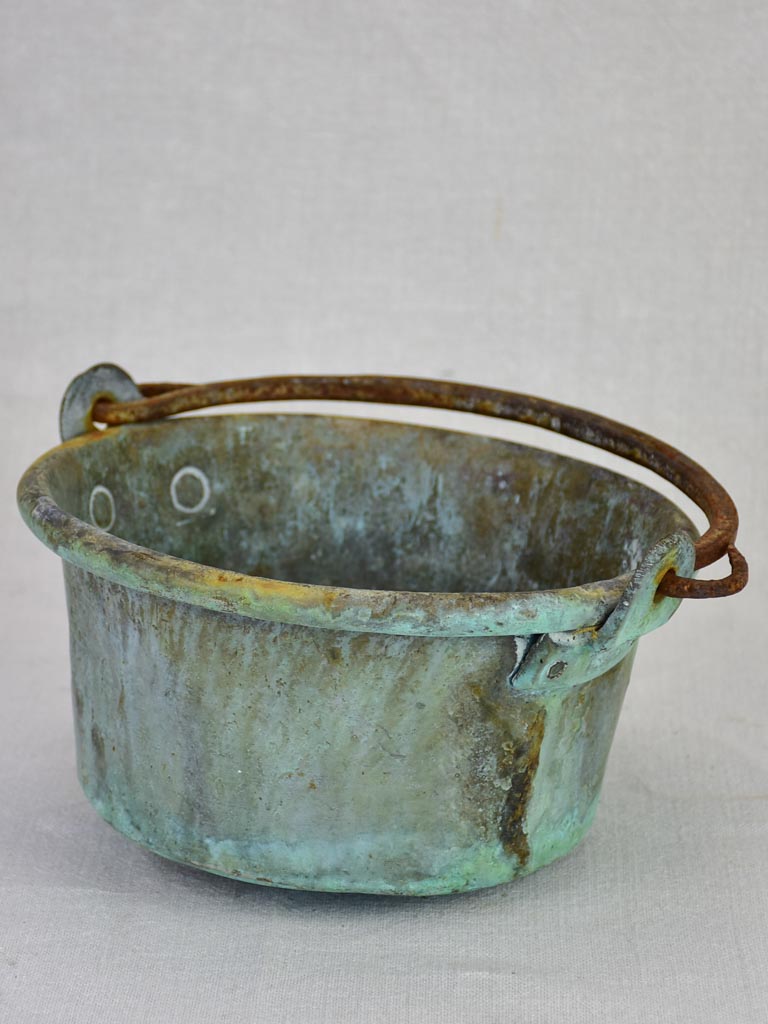 Antique French copper cooking pot with blue patina 9"