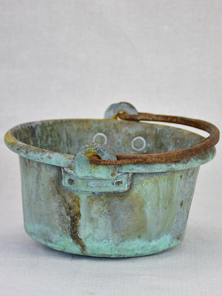Antique French copper cooking pot with blue patina 9"