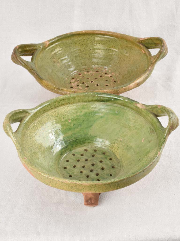 2 rare footed strainer bowls with handles & green glaze 13½"