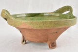 2 rare footed strainer bowls with handles & green glaze 13½"