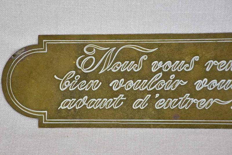 Mid century brass sign - please take off your shoes when you arrive 17" x 4"
