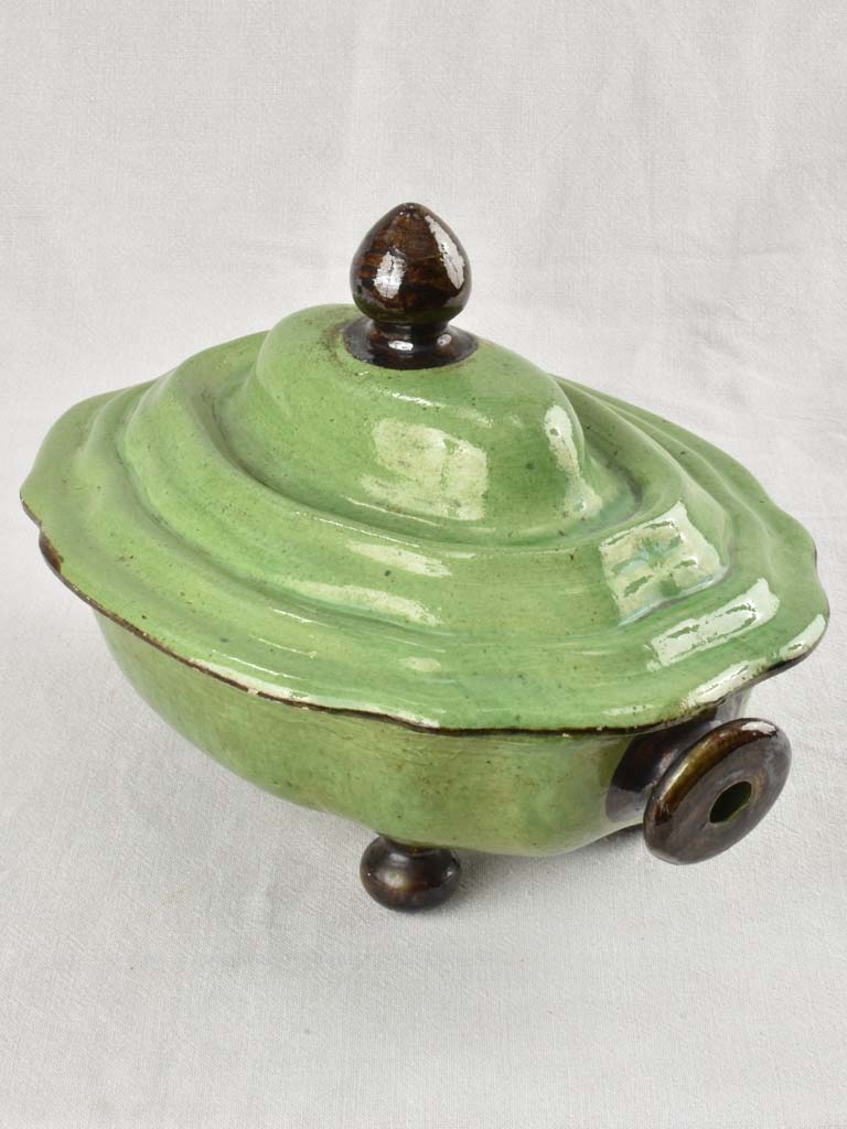 Large green Dieulefit tureen green with brown handles