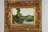 Antique French landscape scene - fishing from a bridge with white ducks 18½" x 22"