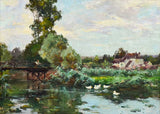 Antique French landscape scene - fishing from a bridge with white ducks 18½" x 22"