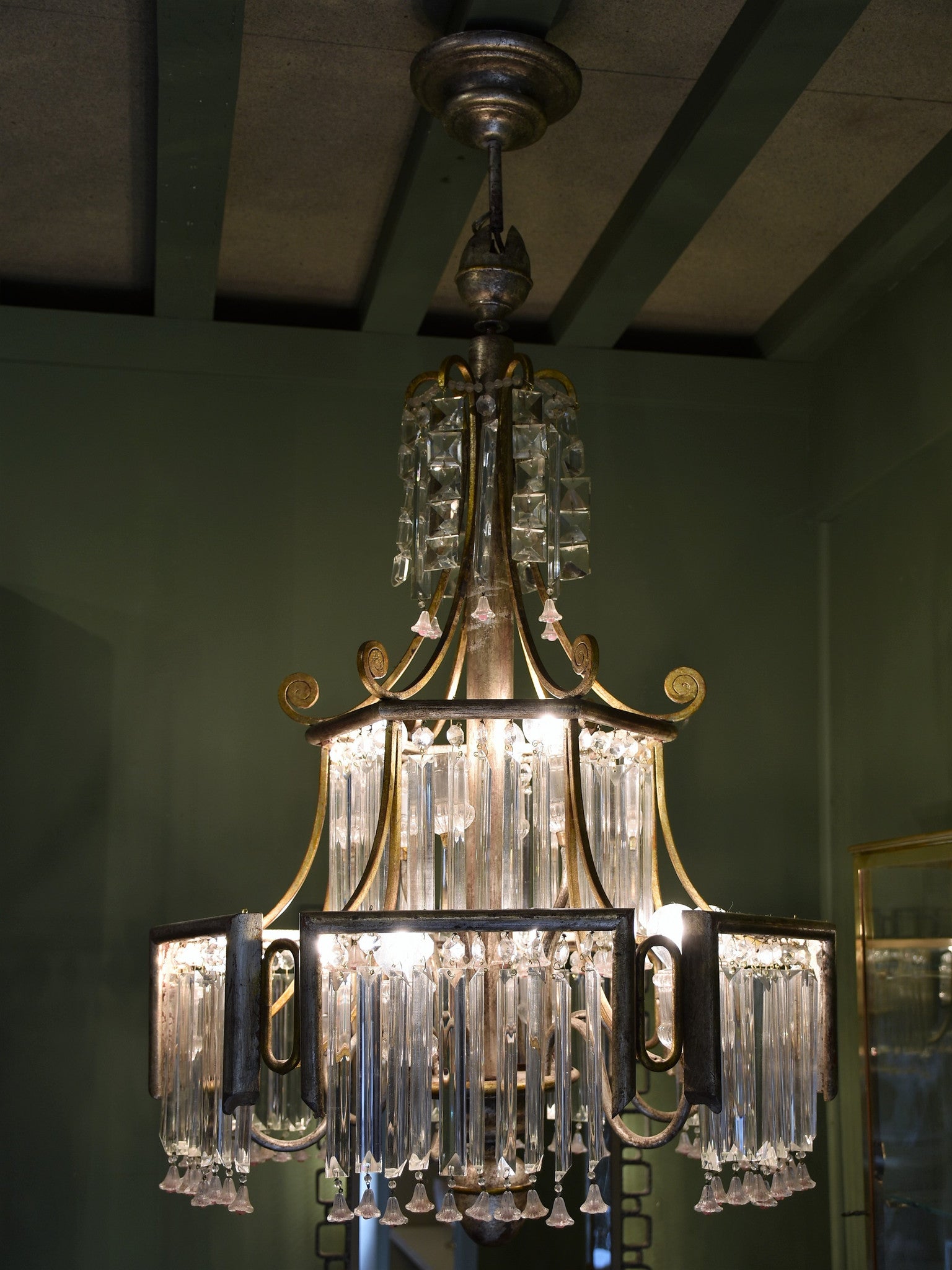 1950's chandelier with pink glass bells – two tier
