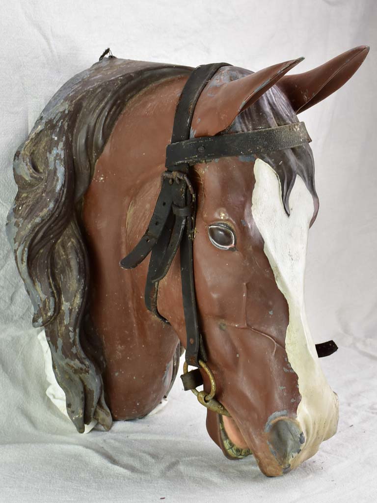 Life-size antique French horse head - zinc with leather bridle