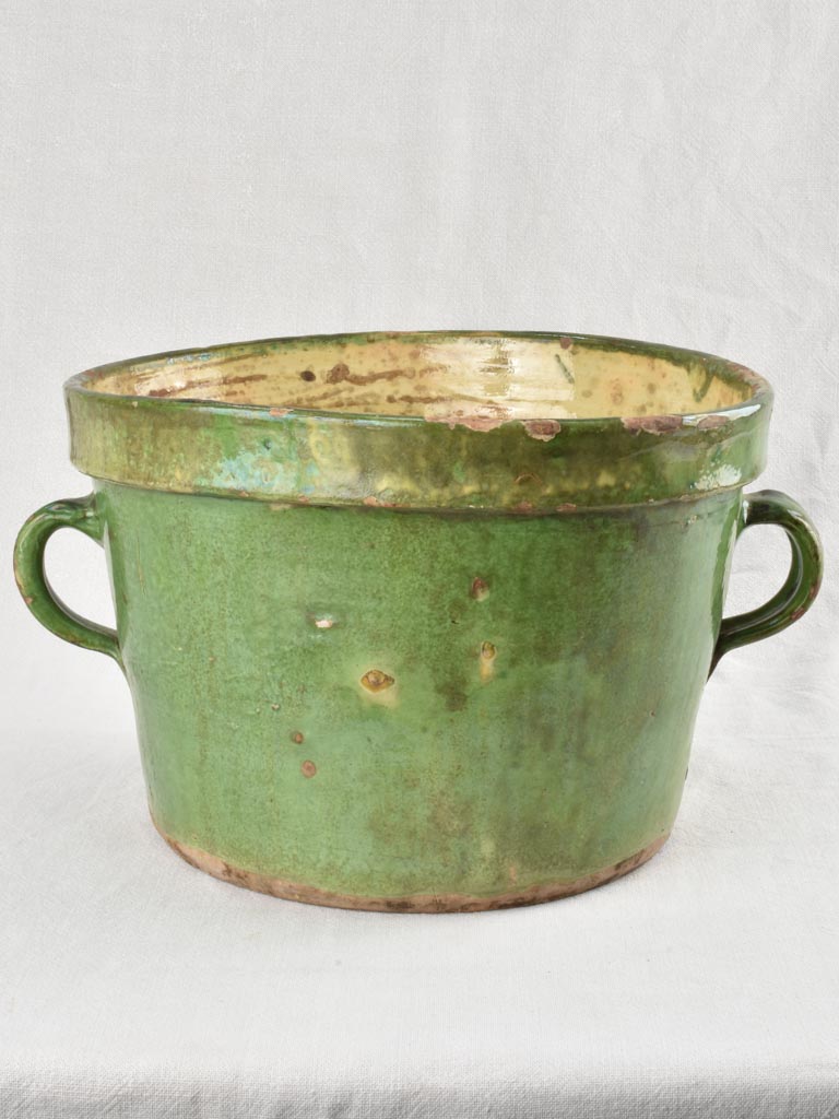 Green & yellow cache-pot / fish pot with 2 handles